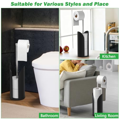 Toilet Paper Holder Stand for Bathroom, Stainless Steel Freestanding Rustproof Tissue Roll Holder with Storage Splash Guard, Holds 5 Rolls, Modern Black Bathroom Organizer, 21 Inch