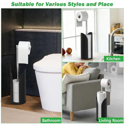 Toilet Paper Holder Stand for Bathroom, Stainless Steel Freestanding Rustproof Tissue Roll Holder with Storage Splash Guard, Holds 5 Rolls, Modern Black Bathroom Organizer, 21 Inch