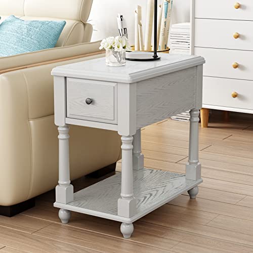 Solid Wood Narrow End Table with Drawer, Sofa Side Table with Storage Shelves, Slim Beside Table ,Telephone for Small Spaces, Living Room, Easy Assembly 22" x 13" x 22.7" AntiqueWhite BBJ004RW - color: Antique White