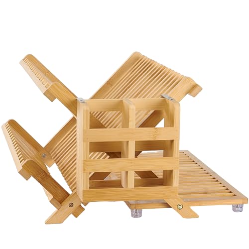 NOVAYEAH Bamboo Dish Drying Rack with Utensil Holder, Collapsible Wooden Dish Drainer Rack, 3-Tier Large Folding Drying Holder for Kitchen Counter 51 pcs Grid - color: 3-tier (Bamboo)