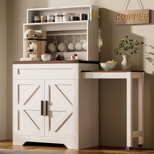 LIKIMIO 57" Farmhouse Coffee Bar Cabinet with Extendable Table & Locking Wheels, Mobile Kitchen Island Storage Cart with Magnetic Board, 5 Hooks, Adjustable Shelf, Space Saving for Apartment, White