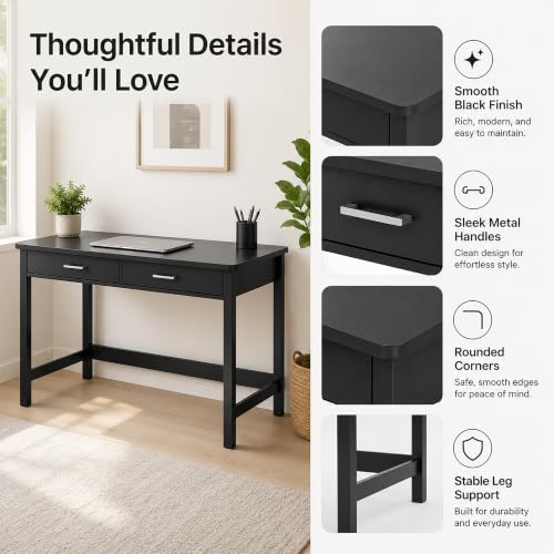 4NM 39.4" Small Desk with Wood Drawers, Home Office Computer Desk with Wooden Legs, Study Writing Table Vanity Desk for Small Spaces - Black