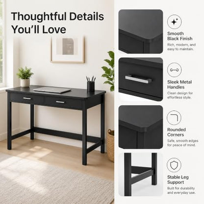 4NM 39.4" Small Desk with Wood Drawers, Home Office Computer Desk with Wooden Legs, Study Writing Table Vanity Desk for Small Spaces - Black