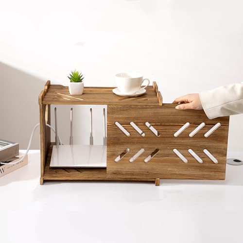 Solid Wood Projector Shelf Router Shelf Projector Stand Router Storage Box | Router Cover Organized Modem Cable Power Strip Cable Management Hider Rack by Need Assembly (Rustic Brown) - color: Rustic Brown