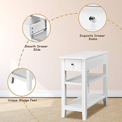 Giantex Narrow End Table Set of 2, Small Side Table with Drawer and Shelf, Wood Accent Sofa Table, Skinny Nightstand for Small Space Living Room Bedroom, White - color: White