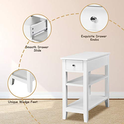 Giantex Narrow End Table Set of 2, Small Side Table with Drawer and Shelf, Wood Accent Sofa Table, Skinny Nightstand for Small Space Living Room Bedroom, White - color: White