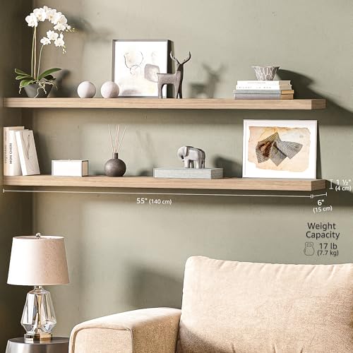 Ballucci Floating Shelves, 55" Wood Wall Shelf Set of 2, with Invisible Brackets for Bathroom, Living Room, Bedroom, Kitchen, Nursery, 6" Deep, Oak - color: Natural Oak, size: 55.1 inches
