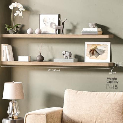 Ballucci Floating Shelves, 55" Wood Wall Shelf Set of 2, with Invisible Brackets for Bathroom, Living Room, Bedroom, Kitchen, Nursery, 6" Deep, Oak - color: Natural Oak, size: 55.1 inches