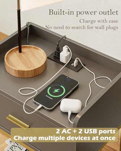 Nightstand with Charging Station,3-Tier Bedside Table for Small Space,Modern Night Stand with Storage Drawer and Shelf,Small Side Table for Bedroom,Living Room,Gray - color: Gray With Charging Station