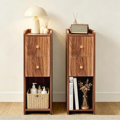 Narrow Nightstand Set of 2, Wooden Small 2 Drawer Nightstand, Slim Side End Table, Skinny Bedside Table, Mid Century Modern Night Stand with Drawers, for Living Room (Walnut 2-2 pcs) - color: Walnut 2-2 Pcs
