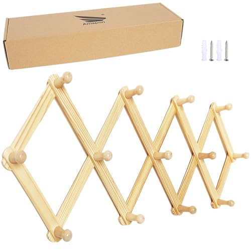 AMAPON Accordion Style Expandable Wall Wooden Coat Rack 13 Hooks (Pegs) Hang Hats Jackets Coffee Mug Purses Necklaces Towels Cap Leash Scarves Data Line Kitchenware - color: Natural Large Size, size: 1 Pack