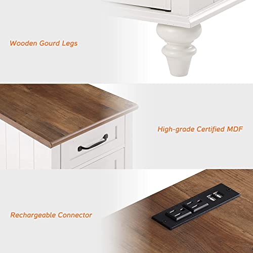 WAMPAT White End Table with Charging Station, Wood Side Table with 1 Drawer &1 Storage Cabinet, Mid Century Modern Nightstand with Power Outlets & USB Ports for Living Room, Bedroom - color: Off White