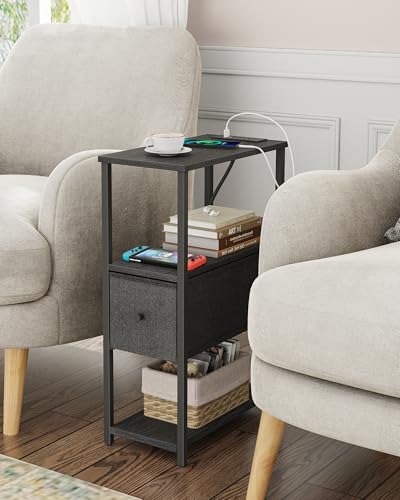 TUTOTAK Small Narrow End Table with Charging Station, Set of 2, Side Table with Outlets, Nightstand with Cloth Drawer, Couch Table, for Living Room, Bedroom, Bedside, Black TB01BK058 - color: Black, style: 1 Drawer & Plug