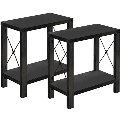 GAZHOME Farmhouse End Table for Small Spaces, Set of 2,Narrow Side End Table with Storage Shelf, Rustic X-Design Nightstand Sofa Table for Living Room, Bedroom Black - color: Black Oak