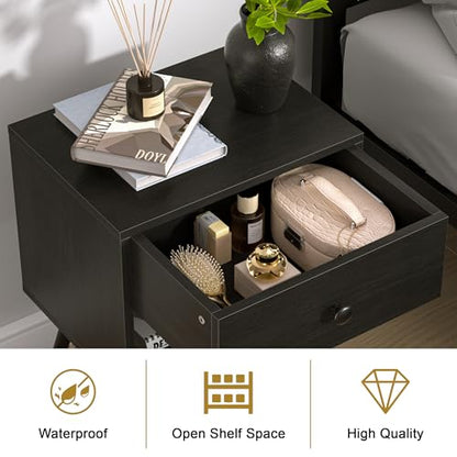 VECELO Nightstands Set of 2, Mid Century Modern End Bedside Table, Night Stand with Storage Drawer and 2 Tiers Open Shelf for Small Place, Bedroom, Living Room, Easy Assembly, Black - color: Black