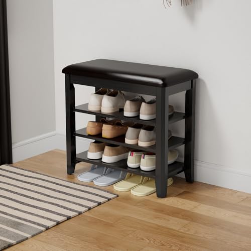 AQIMUELE Shoe Bench with Leather Cushion, 3 Tiers Shoe Storage Bench Height Adjustable, Walnut Wood Entryway Bench for Hallway, Mudroom - color: Black, size: 23.62"