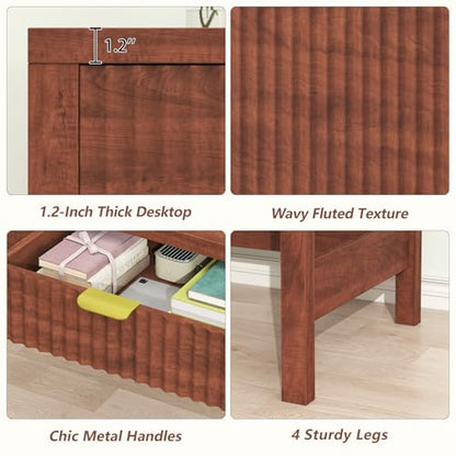 YOMILUVE Fluted Computer Desk with 2 Drawers, 39 Inch Small Computer Desk with Storage, Compact Writing Study Desk for Small Spaces, Red Walnut - color: Red Walnut