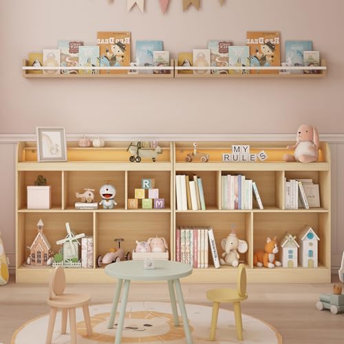 Lkeiyay Kids Bookshelf with LED Lights, Montessori Storage Unit, Natural | Freestanding open cubby kids bookcase with LED light, rounded safety edges, perfect for kids bedroom, playroom & nursery - color: Natural Wood