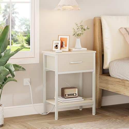 Vagusicc Nightstand Set of 2 with Charging Station, Bed Side Table with Fabric Drawer, Small End Table with 2-Tier Storage Shelves, 25.4" Tall Night Stand Bedside Table for Bedroom Living Room, Beige - color: Beige (2 Pack)