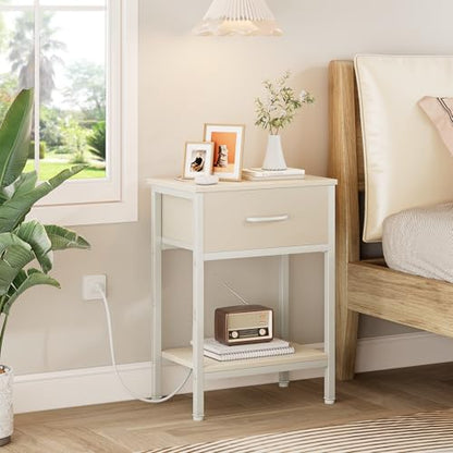 Vagusicc Nightstand Set of 2 with Charging Station, Bed Side Table with Fabric Drawer, Small End Table with 2-Tier Storage Shelves, 25.4" Tall Night Stand Bedside Table for Bedroom Living Room, Beige - color: Beige (2 Pack)