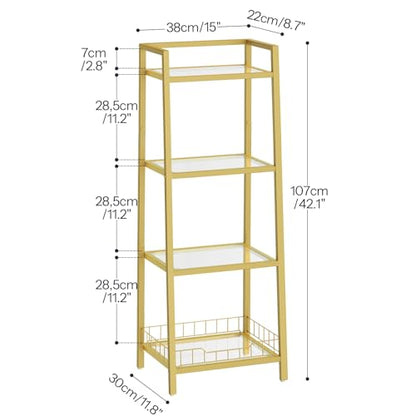 HOOBRO Gold Glass Shelf Stand, 4 Tier Standing Shelf Unit, Bathroom Organizer and Storage, Floor Storage Shelves Waterproof, for Bathroom, Laundry, Toilet, Tempered Glass, Gold GD79CJ01 - size: 15" L x 11.8" W x 42.1" H