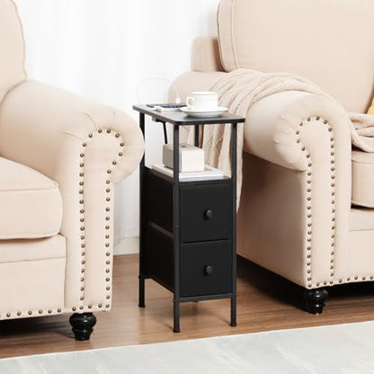 LOAKEKEL Narrow Nightstand with Charging Station, End Tables Living Room Set of 2, Skinny Side Table with Fabric Drawers, Slim Sofa Table for Bedroom, Small Spaces, Couch, Black, HETNDP02BK - color: Black, style: Power