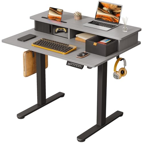 JOY worker Small Electric Standing Desk, 35" x 25" Height Adjustable Table with Built-in Monitor Stand & Storage Drawer, Grey Sit Stand Desk with 2 Hooks for Home Office - color: Grey, size: 35inch