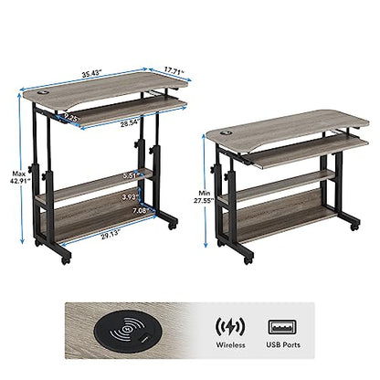 Tribesigns Portable Desk with Power Outlets, Height Adjustable Side Table Sofa Couch Bedside Laptop Computer Cart with USB Charging Ports, Mobile Small Standing Desk with Keyboard Tray - color: Grey