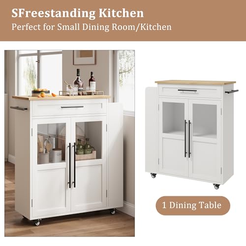 Garvee 36 in Kitchen Island Cart with Solid Wood Top - Farmhouse Mobile Storage Cart with Drawer, 3-Tier Shelves & Locking Wheels for Small Kitchens (White & Natural)
