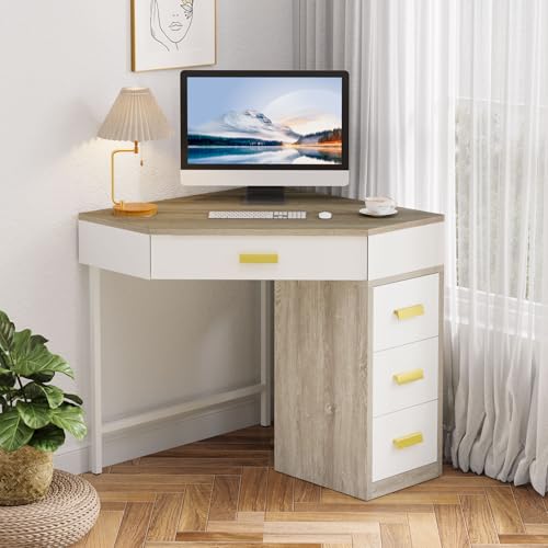 Tribesigns Corner Desk, Triangle Computer Desk with 3 Drawers, 90-Degree Writing Desk PC Table Makeup Vanity Desk with Storage for Home Office, Living Room, Bedroom (Grey+White) - color: Grey+white