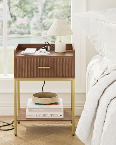 Nightstand with Charging Station, 3-Tier Bed Side Table, Small End Table, Night Stand with Open Shelf and Drawer, Bedside Table for Bedroom, Living Room, Walnut - color: Walnut, style: With Charging Station