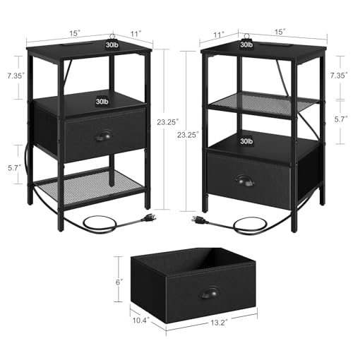 sthmec Nightstands Set of 2, Black Night Stands with Charging Station, Bedside Tables with Drawers PU Finish, 2-Tier Side Table with Open Shelf, Nightstands with Drawer,Black - color: Black, style: Power