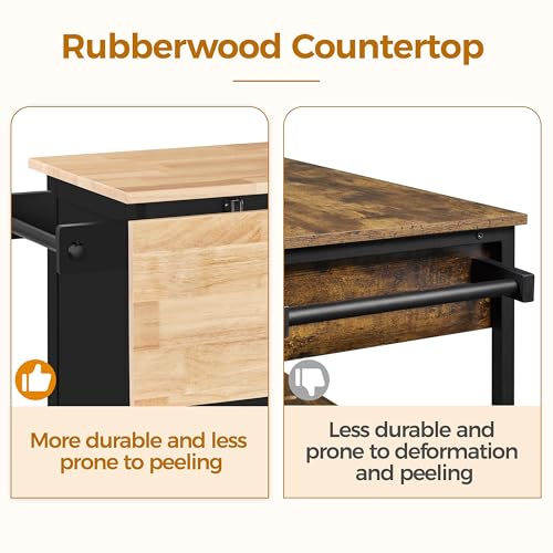 Yaheetech Kitchen Island Cart with Drop Leaf, 49" Rolling Island Table with Storage, Drawer, Kitchen Cart with Rubberwood Top, Detachable Towel & Spice Rack, Black