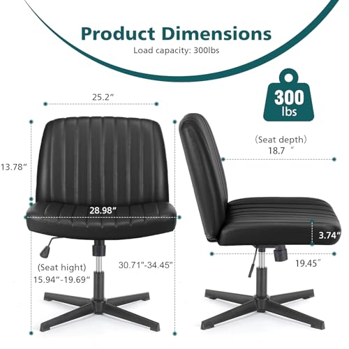 OLIXIS Criss Cross Chair, Vanity Chair, Home Office Desk | Armless No Wheels Wide Seat, Height Adjustable Swivel, Padded PU Leather, Bedroom Student Study, Black Dual Base - color: Black Dual Base