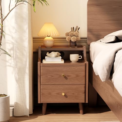 Narrow Nightstand with 2 Drawers,Walnut Nightstand,Bedside Table,Solid Wood Modern Bedside Table for Bedroom,Study,Toilet - color: Walnut, size: 15.75"D x 15.75"W x 22.32"H(2 Drawers)
