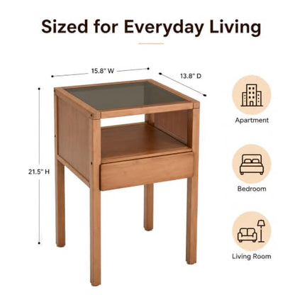 Bamboo Nightstand Small Bedside Tables with Drawer,Gray | Tempered Glass Top, Open Shelf, Mid Century Modern Night Stand for Bedroom, Living Room, Apartment, Small Space - color: Gray Glass
