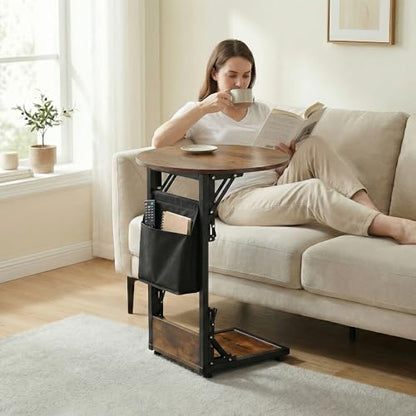 Foldable C Shaped End Table, 15.7" Couch Side Table with Storage Pocket, Slides Under Sofa