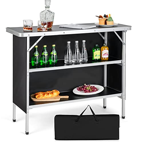 Giantex Portable Bar Table for Events, Folding Mobile Bartending Station with Storage Shelves, Removable Privacy Skirt, Carrying Case, for Parties, Catering, Trade Shows (Black, 43.5''L x 34.5''H) - color: Black, size: 43.5''L x 34.5''H