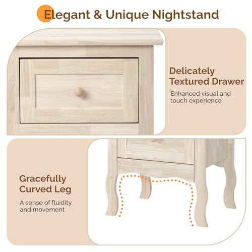 Bonnlo Solid Wood Nightstand Unfinished for Color DIY, Small Night Stand for Bedroom, Natural Wood Nightstand with Drawers, Light Wood Nightstand, Real Wooden Bed Side Table/End Table - color: Natural Wood