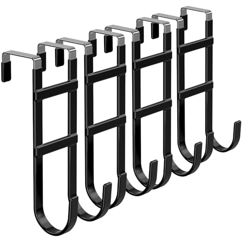 FYY Over the Door Hooks, Double-Hanger 4 Pack, Fits Doors 1.6" Black | Heavy Duty Metal, Hold 100lbs, Rubber-Coated, No-Drilling, for Bathroom Dorm, Hanging Clothes Towels Bags Ironing Board Robe - color: Black, size: 7.8" Long, Fit Interior Doors Up to 1