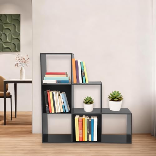 3-Tier Stepped Bookshelf, 6 Cube Storage Organizer Floor Standing Storage Shelf Modern Open Bookshelf for Home and Office (Black) - size: 6 Cube L-Shaped Black