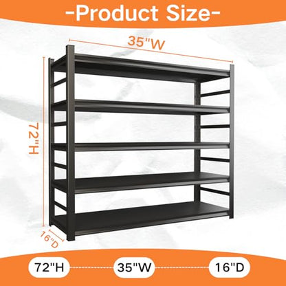 Garage Shelving, Heavy Duty Storage Shelves, Adjustable Boltless Units | Metal Shelving with Double Layer Posts, Industrial Steel Shelving for Garage Basement Warehouse Kitchen, Black, 72H*36W*15D - size: 36W*72H*15D-5T