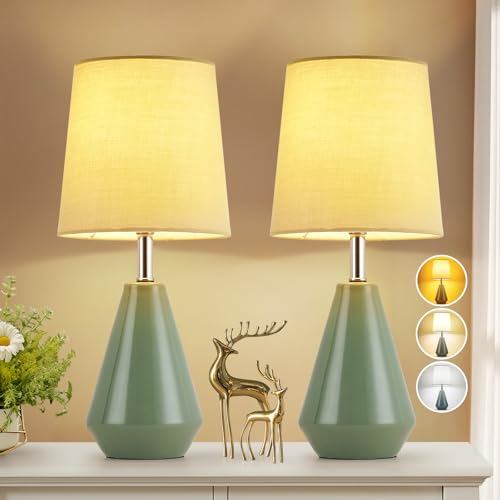 Small Bedside Table Lamp for Bedroom-Reading Desk Lamp Set of 2,with 3 Color Temperatures,15.5" Nightstand Ceramic Lamp with Fabric Shade for Kids Room,Living Room,Dorm,Home Office (Green) - color: Green-2, size: 15.5"