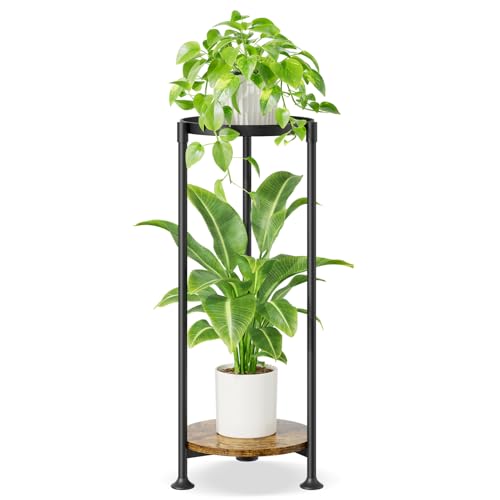 iDavosic.ly 2 Tier Corner Plant Stand Indoor, 30 Inch Tall Vertical Metal Flower Heavy Duty Pot Holder Shelf Outdoor for Patio Porch Living Room, Modern Black & Rustic Brown - Round - color: Black, size: 2 Tiers
