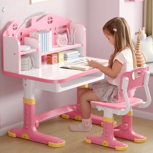 Kids Desk and Chair Set, Height Adjustable Child's School Study Writing Tables, Kids Desk with Bookstand and Storage Drawer, Widened Desktop with Desktop for Boys and Girls - color: Pink-a