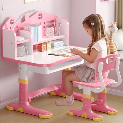 Kids Desk and Chair Set, Height Adjustable Child's School Study Writing Tables, Kids Desk with Bookstand and Storage Drawer, Widened Desktop with Desktop for Boys and Girls - color: Pink-a