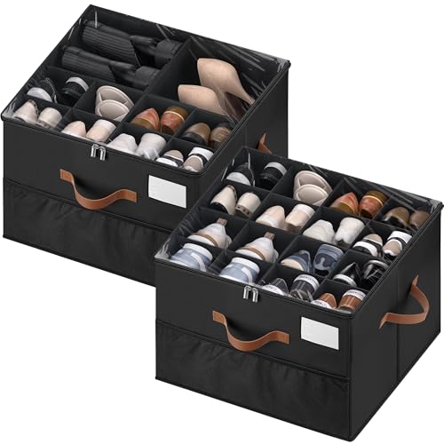 Shoe Organizer for Closet, 2 Pack Shoe Storage Containers with Adjustable Dividers, Space Saving Shoe Box Organizers Bins with Clear Lids & 4 Reinforced Handles, Fits 16-32 Pairs, Pure Black - color: Black, size: (2 Pack) 17"L x 17"W x 12 ½"H