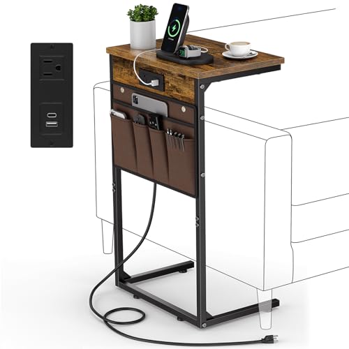 C Shaped End Table with Charging Station, 28" Tall Couch Side Table, Sofa Table Beside Table, Slide Under Sofa Arm C Table for Small Spaces, TV Tray Table for Living Room, Bedroom, Brown - color: Rustic Brown