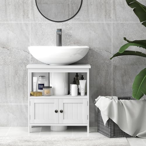 kleankin Pedestal Sink Storage Cabinet, Bathroom Under Sink Cabinet with 2 Doors and Open Shelf, Bathroom Vanity, White - color: White