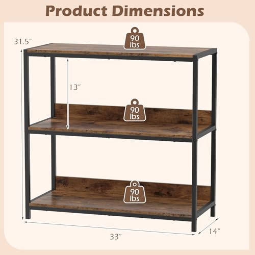 Tangkula 3-Tier Bookshelf, Industrial Small Bookcase with Wooden Shelves and Metal Frame, Rustic Open Display Shelf Storage Organizer for Living Room and Home Office (Rustic Brown, 1 Pack)